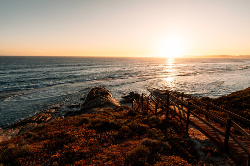 Goldener Sonnenuntergang am Nine Mile Beach, Esperance. Die tiefstehende Sonne spiegelt sich glitzernd auf dem Ozean und taucht die Szenerie in warmes Licht. Im Vordergrund führt eine Holztreppe durch die dunkler werdende Küstenvegetation hinunter zu den Felsen am Wasser. Die Stimmung ist friedlich und romantisch.