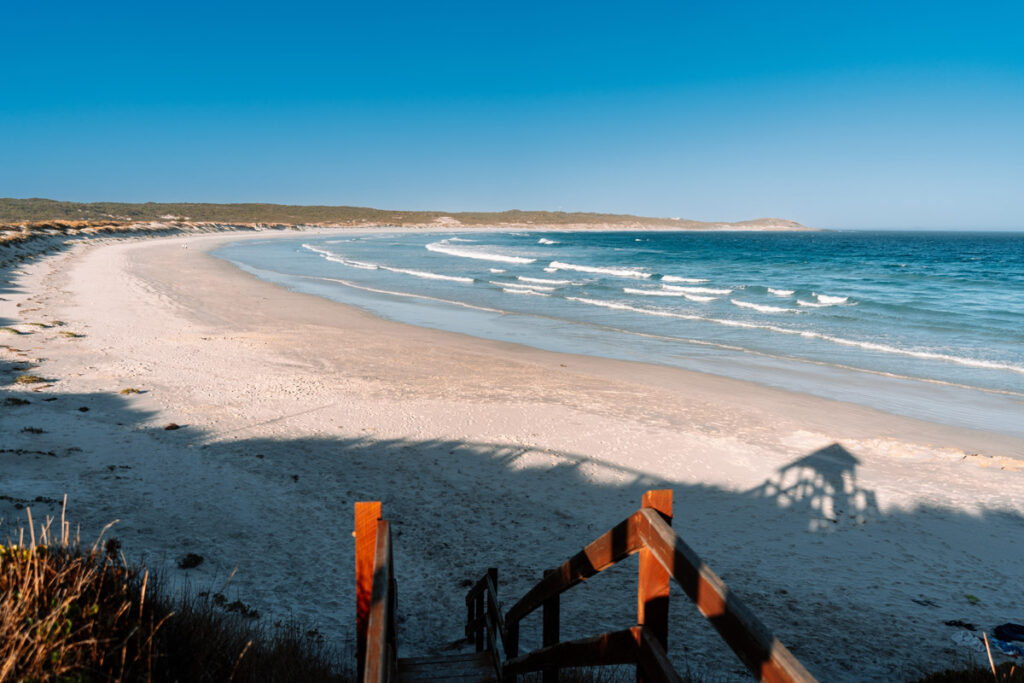 Blick von der Holztreppe hinunter auf den weiten West Beach bei Esperance, Westaustralien. Der Schatten des Geländers fällt auf den weißen Sand im Vordergrund. Dahinter erstreckt sich die lange, geschwungene Bucht, in die sanfte Wellenreihen rollen – ideal für Surfer. Der Himmel ist wolkenlos blau.