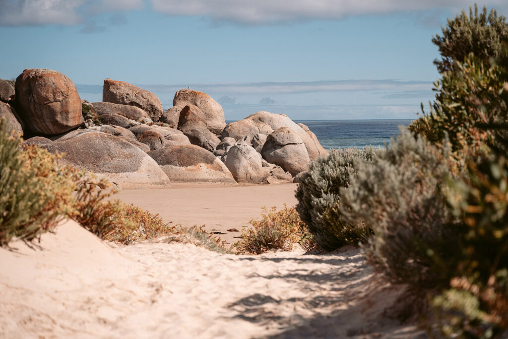 Der erste Blick vom sandigen Wanderweg auf die massiven Granitfelsen und das türkisfarbene Meer der Whisky Bay im Wilsons Promontory Nationalpark, Australien.