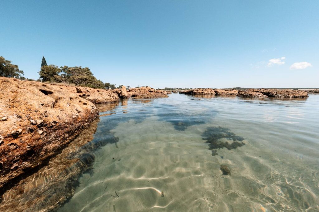 Ein Blick durch das glasklare, flache Wasser eines natürlichen Felsbeckens an der felsigen Küste von Jervis Bay unter einem strahlend blauen Sommerhimmel.
