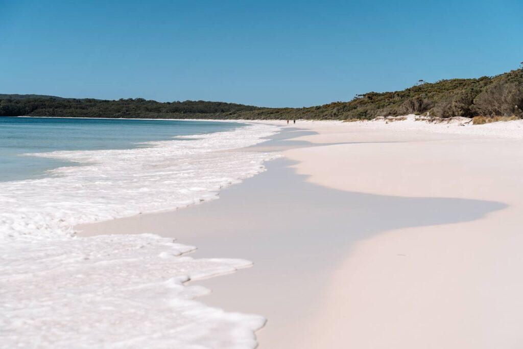 Der weltberühmte, schneeweiße Sandstrand in der Jervis Bay mit sanft anspülendem, klarem Wasser und grüner Küstenvegetation unter einem strahlend blauen Himmel.