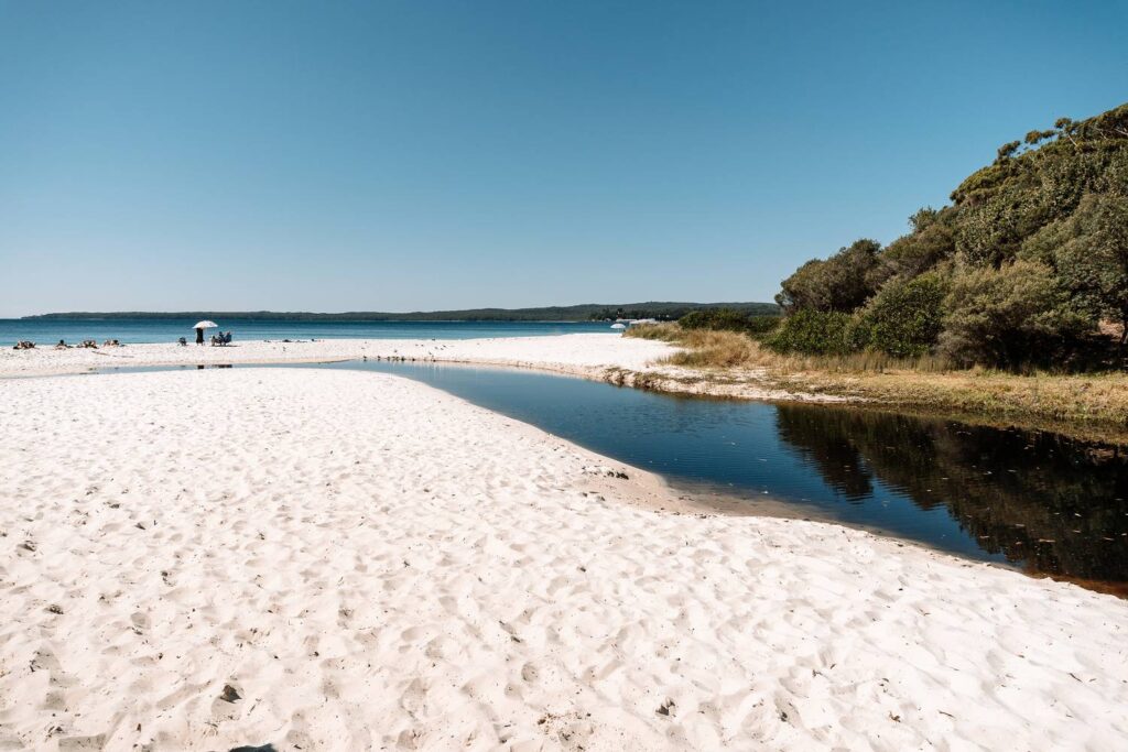 Ein strahlend weißer Sandstrand in der Jervis Bay, an dem eine dunkle Lagune ins ruhige, tiefblaue Meer mündet, umgeben von grünem Küstenwald unter wolkenlosem Himmel.