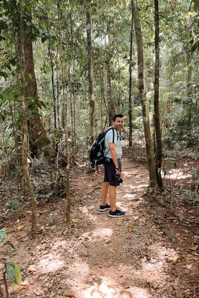 Mario steht mit Rucksack und Kamera auf einem steinigen Wanderweg inmitten des dichten, sonnendurchfluteten Daintree-Regenwaldes und blickt lächelnd zurück.