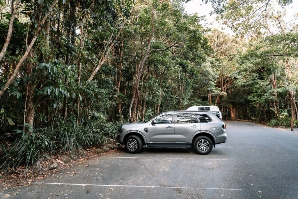 Ein silberner SUV parkt auf einem Waldparkplatz direkt vor der dichten, tropischen Baumkulisse im Daintree-Nationalpark in Queensland.