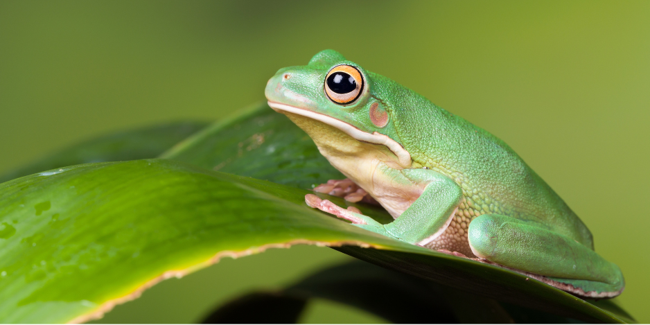 Ein hellgrüner Australischer Riesenlaubfrosch (White-lipped Tree Frog) sitzt auf einem Dschungelblatt – Auszeit Abenteuer.